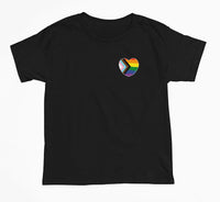 Modern Rainbow Pride Flag Heart Left Chest Logo T-Shirt (Black)