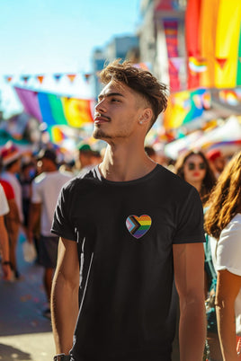 Modern Rainbow Pride Flag Heart Left Chest Logo T-Shirt (Black) - At Pride March