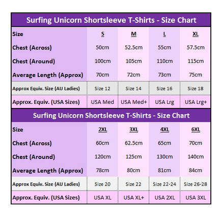 Surfing Unicorn Adults Shortsleeve Size Chart